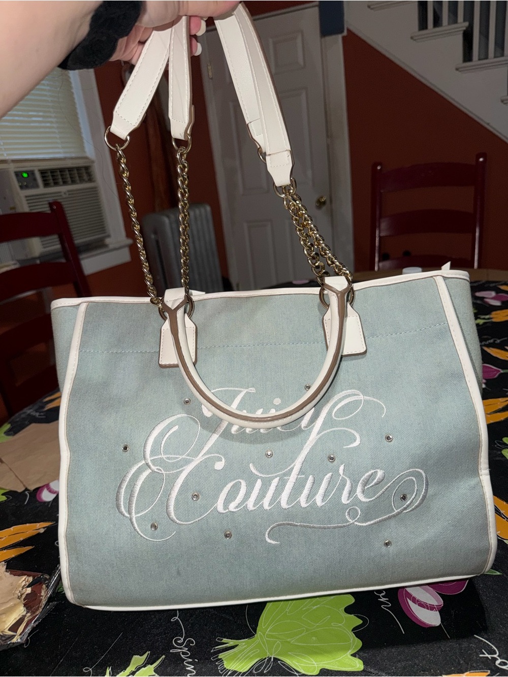 Juicy Couture Light Blue Tote with White Trim and Gold Chains